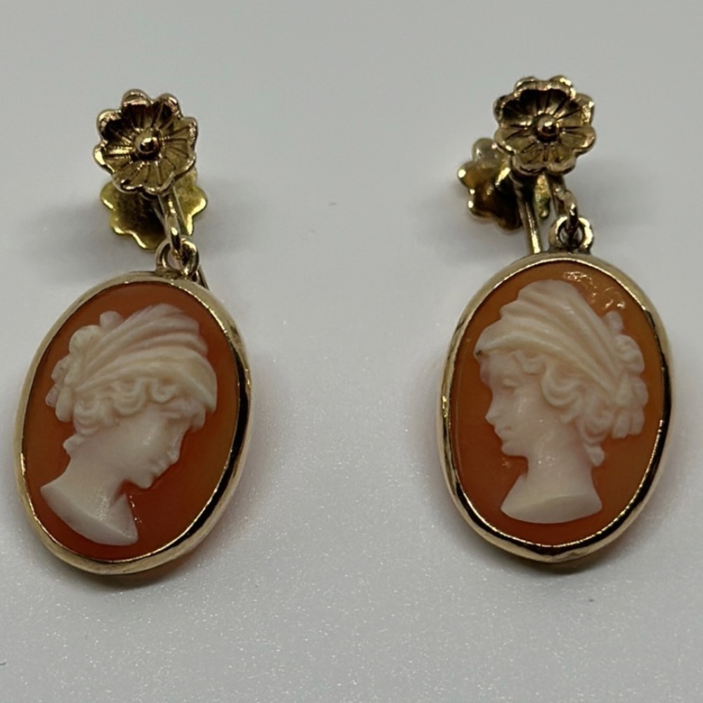 VINTAGE 14K real solid gold camafeo earrings - Picture 2 of 16